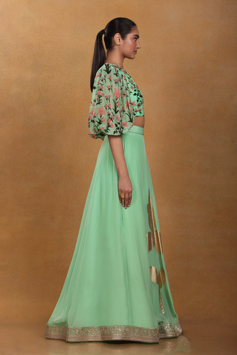 Masaba Mint Autumn Bouquet Lehenga/Skirt Cape Set