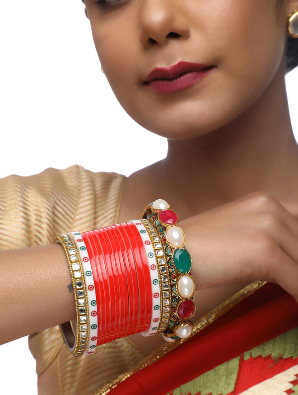 Red Chuda With Kundan Bangles & Heavy Meenakari Pearl Bangles - MRR5