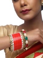 Red Chuda With Kundan Bangles & Heavy Meenakari Pearl Bangles - MRR5