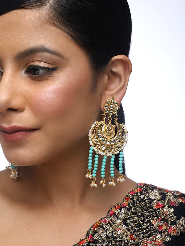 Turquoise Tassle with Pearls Gold Chand Kundan Earrings - MRR58