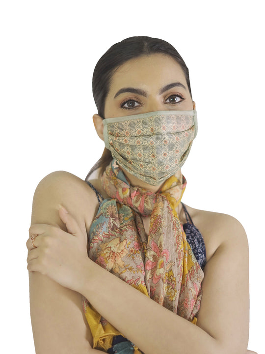 Ritu Kumar Reusable Printed Cloth Face Masks Set of 3 - (CREAM-RED-ECRU)