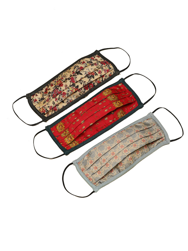 Ritu Kumar Reusable Printed Cloth Face Masks Set of 3 - (CREAM-RED-ECRU)