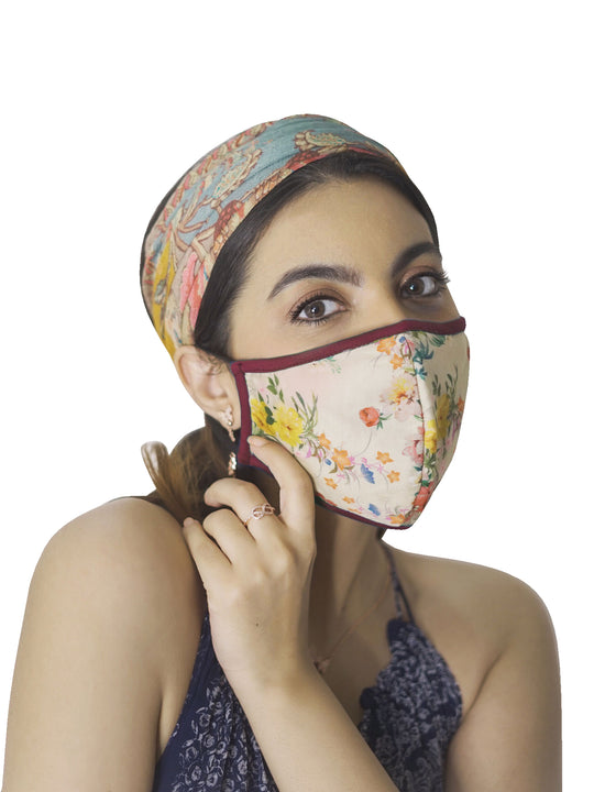 Ritu Kumar Reusable Printed Cloth Face Masks Set of 3 - (LIGHTBLUE-NAVY-ECRU)