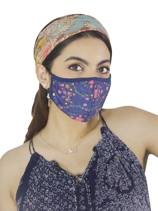 Ritu Kumar Reusable Printed Cloth Face Masks Set of 3 - (LIGHTBLUE-NAVY-ECRU)