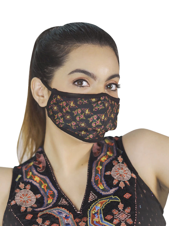 Ritu Kumar Reusable Printed Cloth Face Masks Set of 3 - (WINE-MULTI-BLACK)