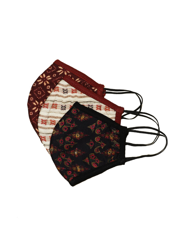 Ritu Kumar Reusable Printed Cloth Face Masks Set of 3 - (WINE-MULTI-BLACK)