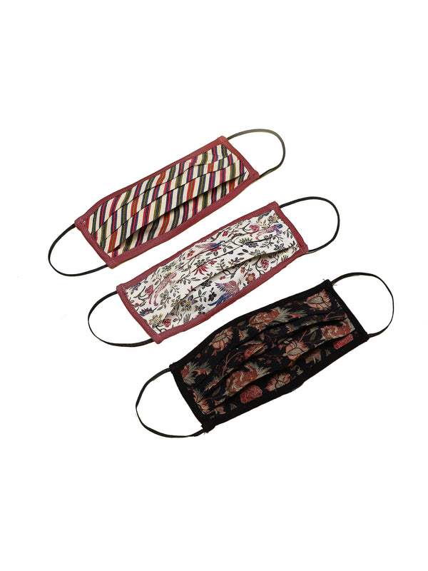 Ritu Kumar Reusable Printed Cloth Face Masks Set of 3 - (BLACK-MULTI-ECRU)