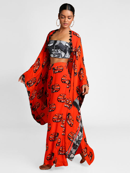 Masaba Gupta Orange Elephant Cape & Pants With Printed Bustier