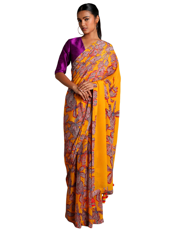 Masaba Yellow Wild Flowers Saree With Purple Blouse Piece