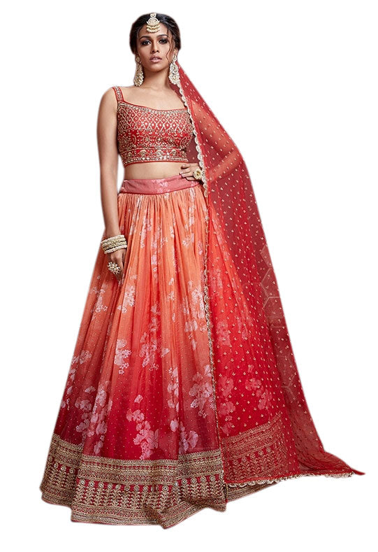 Orange Gradient Chinon Digital Print Designer Party wear Lehenga Choli Set - NM103