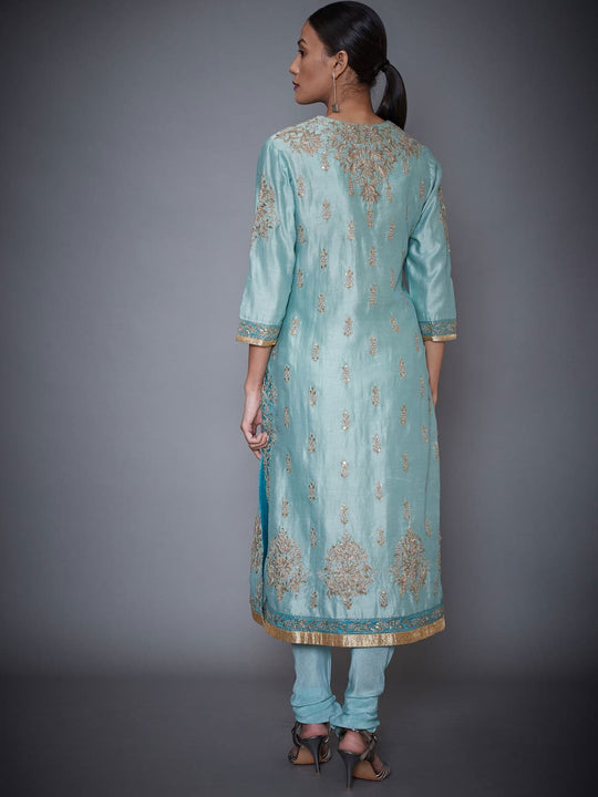RI-Ritu-Kumar-Aquamarine-And-Turquoise-Embroidered-Kurta-With-Dupatta-And-Churidar-Back