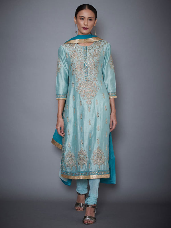 RI Ritu Kumar Aquamarine & Turquoise Embroidered Kurti With Dupatta And Churidar