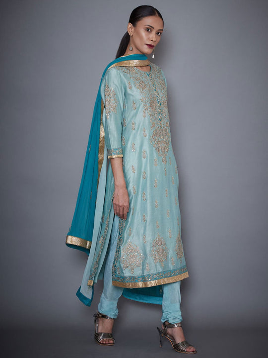 RI-Ritu-Kumar-Aquamarine-And-Turquoise-Embroidered-Kurta-With-Dupatta-And-Churidar-Side-View2