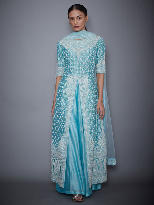 RI Ritu Kumar Aquamarine Embroidered Kurti With Dupatta And Palazzo