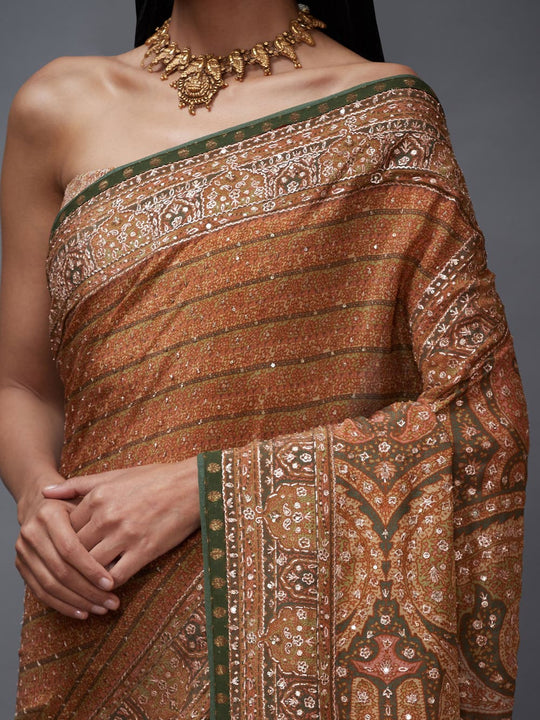 RI-Ritu-Kumar-Beige-And-Olive-Green-Paisley-Print-Saree-with-Unstitched-Blouse-Closeup