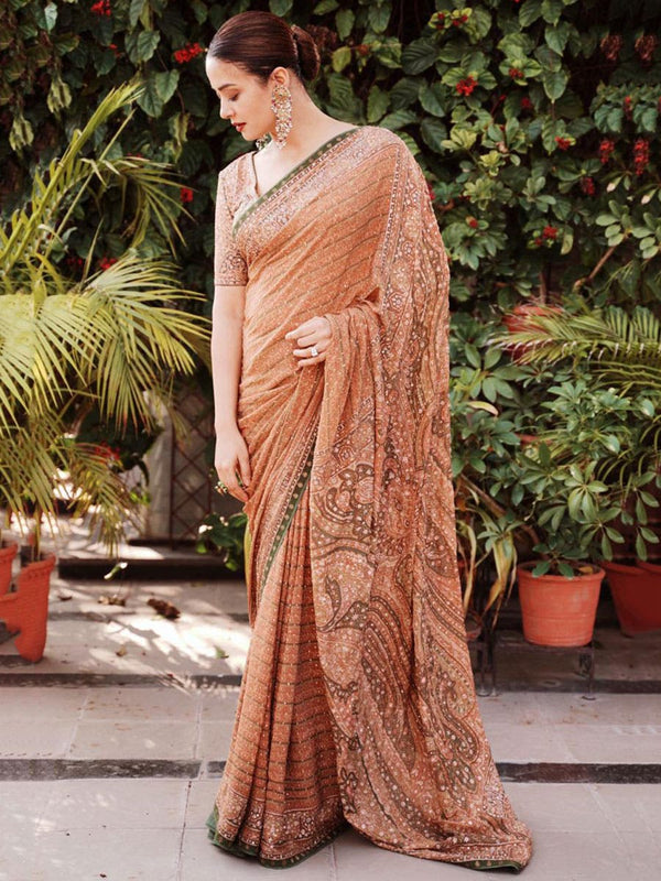 RI Ritu Kumar Beige & Olive Green Paisley Print Saree with Unstitched Blouse