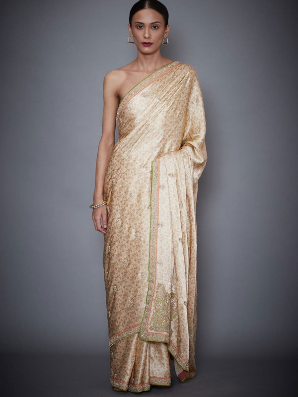 RI Ritu Kumar Beige Embroidered Saree With Unstitched Blouse