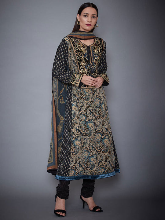 RI-Ritu-Kumar-Black-And-Beige-Embroidered-Suit-Complete-View