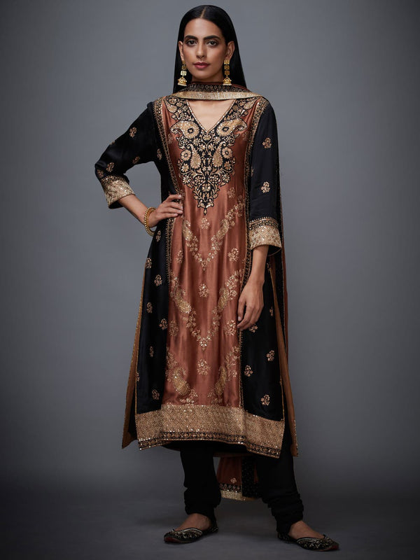 RI Ritu Kumar Black & Brown Silk Embroidered Suit Set