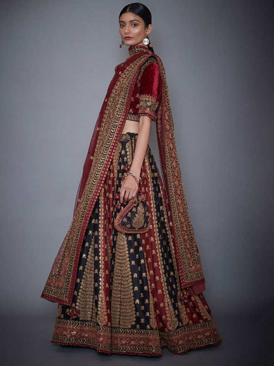 RI-Ritu-Kumar-Black-And-Burgundy-Embroidered-Lehenga-Set-Side-View1