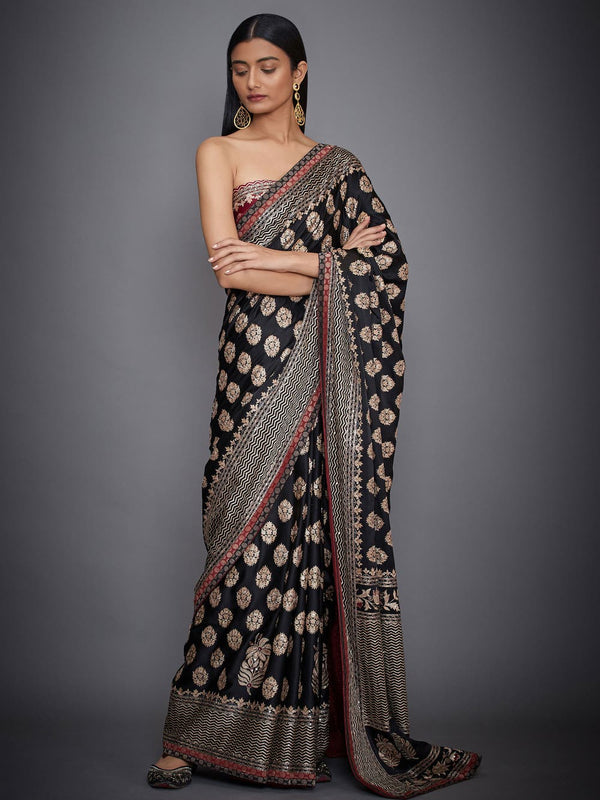 RI Ritu Kumar Black & Burgundy Embroidered Saree With Unstitched Blouse