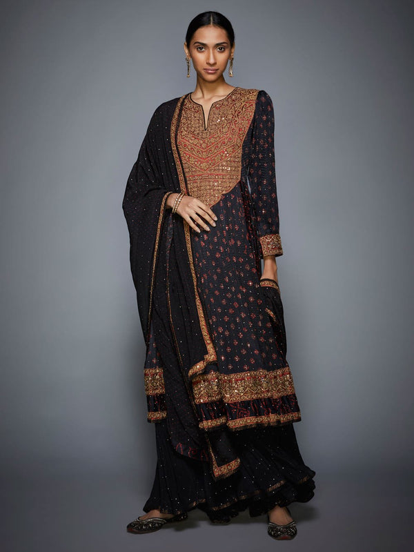 RI Ritu Kumar Black & Burgundy Embroidered Suit Set
