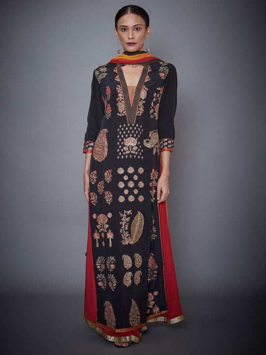 RI-Ritu-Kumar-Black-And-Burgundy-Embroidered-Suit-Set-Complete-View