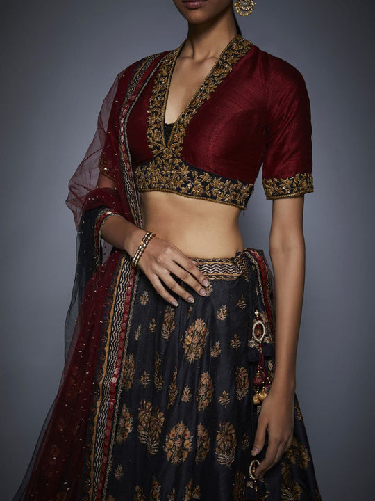 RI-Ritu-Kumar-Black-And-Burgundy-Floral-Lehenga-Set-CloseUp