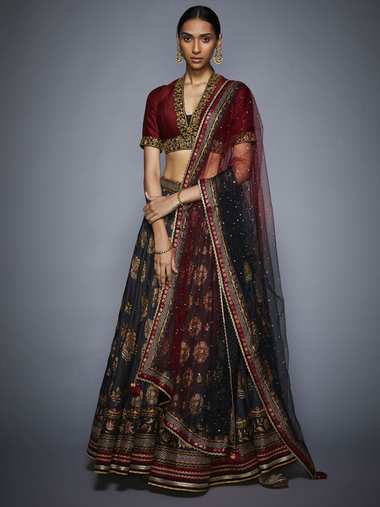 RI-Ritu-Kumar-Black-And-Burgundy-Floral-Lehenga-Set-Complete-View