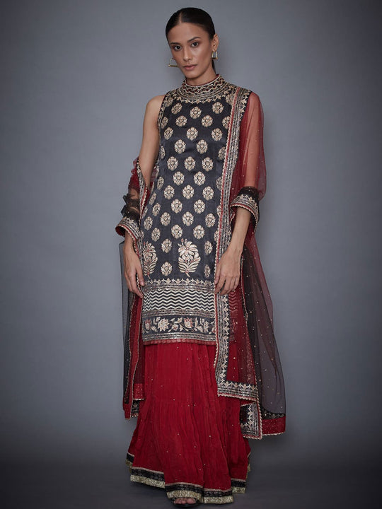 RI-Ritu-Kumar-Black-And-Burgundy-Geometric-Kurti-With-Skirt-And-Dupatta-Complete-View