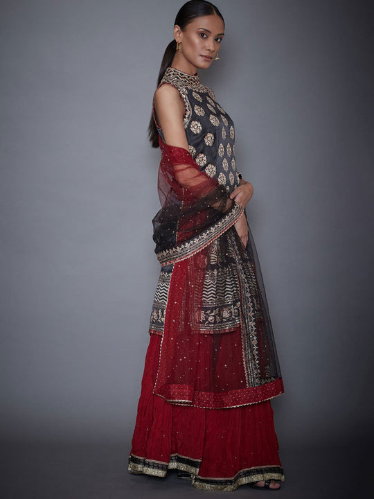 RI-Ritu-Kumar-Black-And-Burgundy-Geometric-Kurti-With-Skirt-And-Dupatta-Side-View2