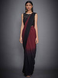 RI-Ritu-Kumar-Black-And-Burgundy-Pre-Draped-Saree-With-Stitched-Blouse-Complete-View