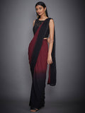 RI-Ritu-Kumar-Black-And-Burgundy-Pre-Draped-Saree-With-Stitched-Blouse-Side-View1