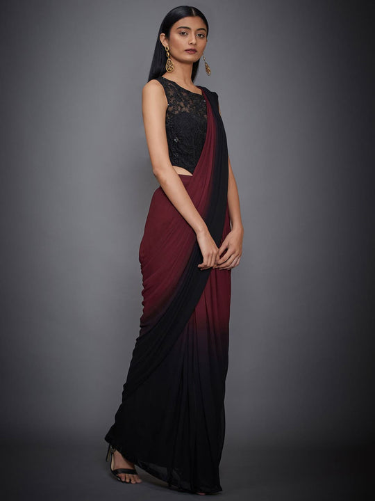 RI-Ritu-Kumar-Black-And-Burgundy-Pre-Draped-Saree-With-Stitched-Blouse-Side-View2