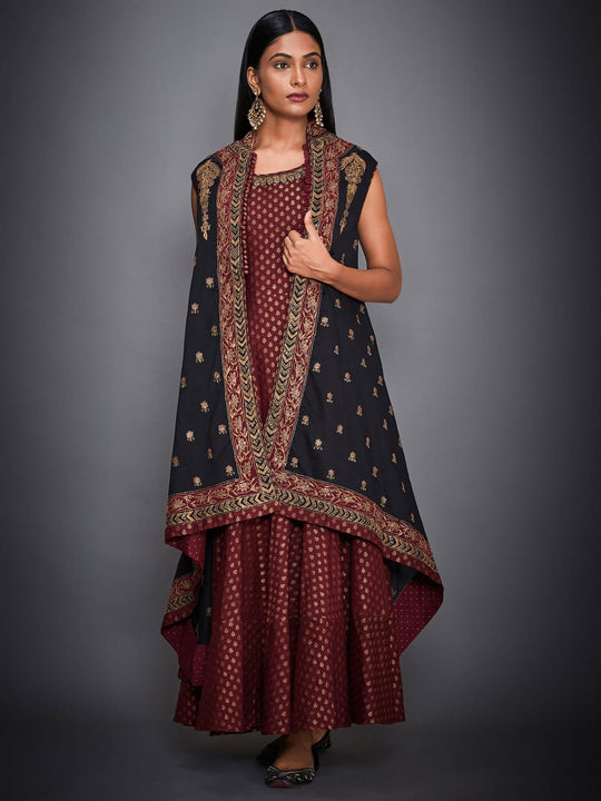 RI-Ritu-Kumar-Black-And-Burgundy-Tiered-Dress-With-Jacket-Complete-View