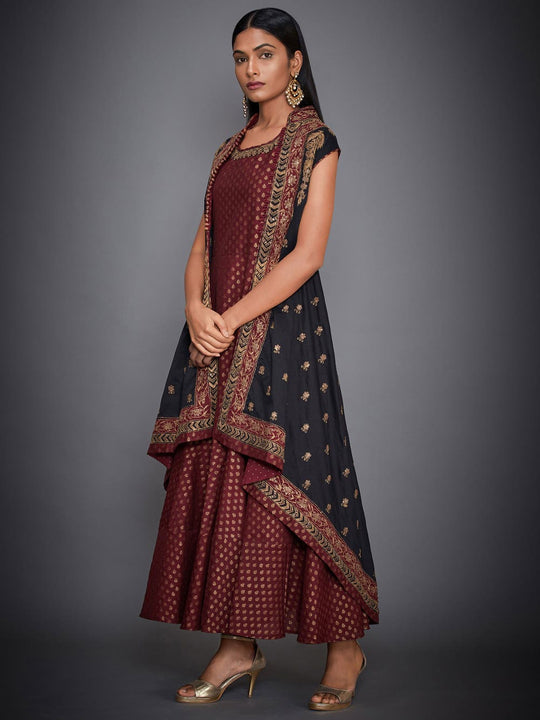 RI-Ritu-Kumar-Black-And-Burgundy-Tiered-Dress-With-Jacket-Side-View1.
