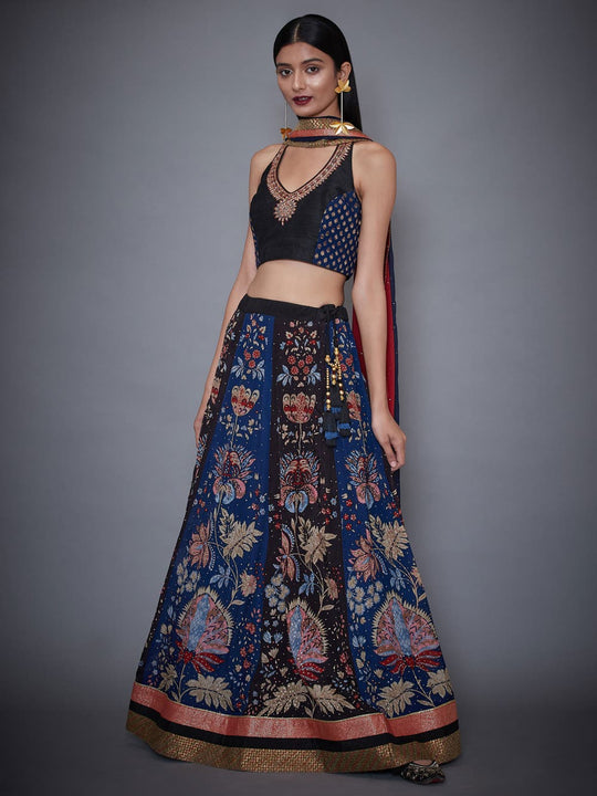 RI-Ritu-Kumar-Black-And-Indigo-Embroidered-Lehenga-With-Dupatta-Complete-View