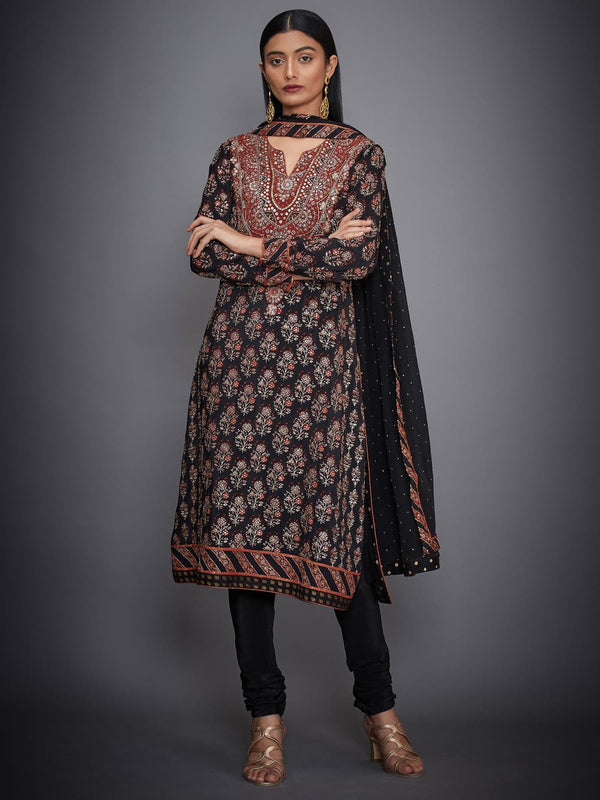 RI Ritu Kumar Black & Rust Embroidered Suit Set