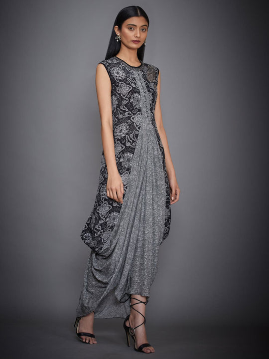 RI-Ritu-Kumar-Black-Ecru-Printed-Cowl-Dress-Side-View2