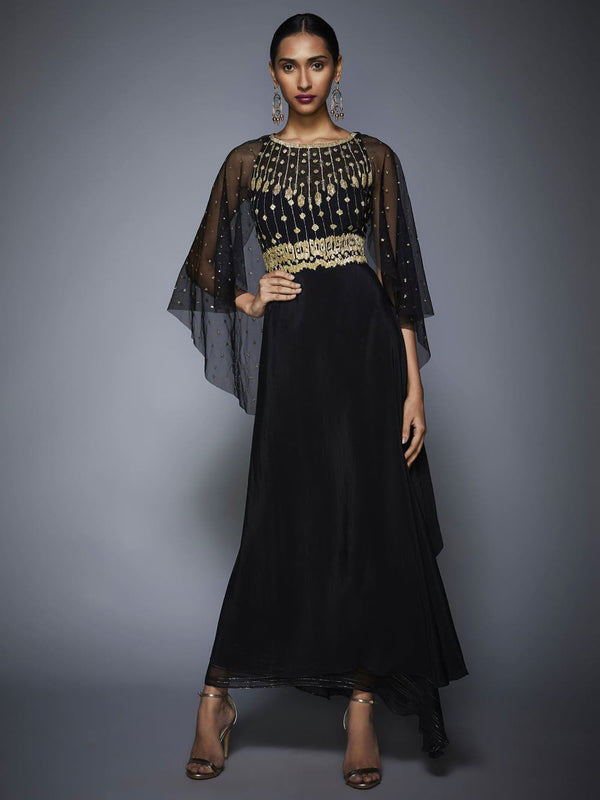 RI Ritu Kumar Black Embroidered Draped Gown