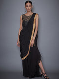 RI-Ritu-Kumar-Black-Embroidered-Pre-Draped-Saree-With-Stitched-Blouse-Complete-View