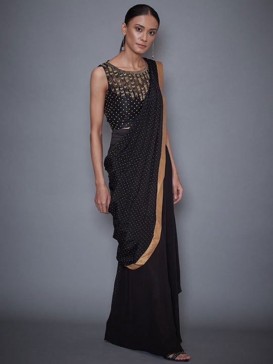 RI-Ritu-Kumar-Black-Embroidered-Pre-Draped-Saree-With-Stitched-Blouse-Side-View2