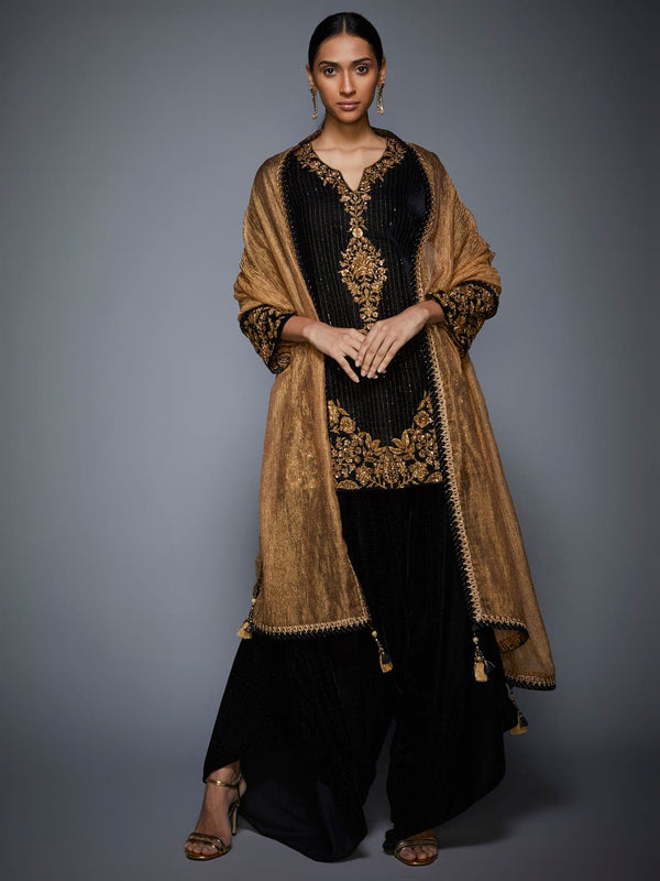 RI Ritu Kumar Black & Gold Embroidered Velvet Suit Set