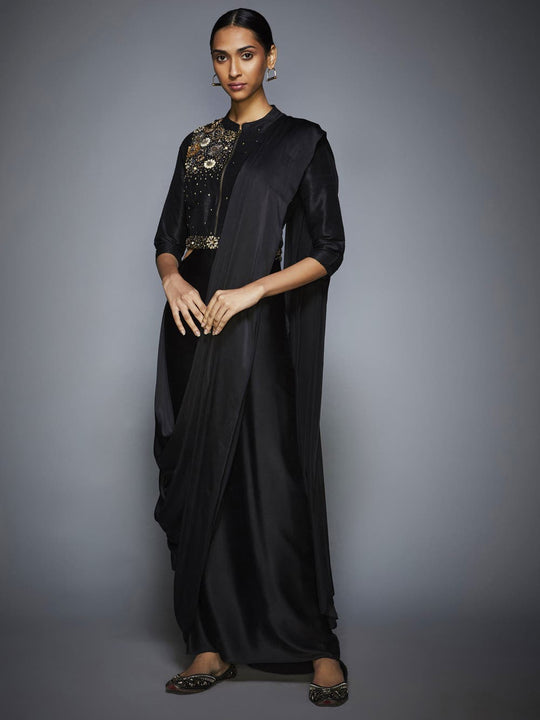 RI-Ritu-Kumar-Black-Sequin-Pre-Draped-Saree-With-Stitched-Blouse-Complete-View