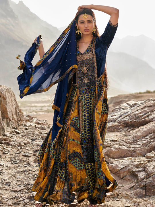 RI-Ritu-Kumar-Blue-And-Ochre-Embroidered-Velvet-Suit-Set-Complete-View