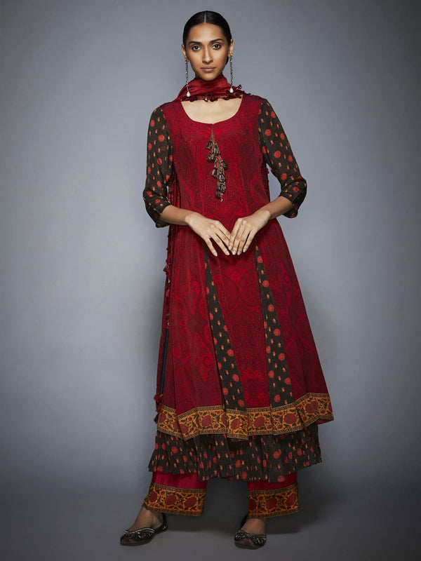 RI Ritu Kumar Brown & Brick Red Thread Embroidered Suit