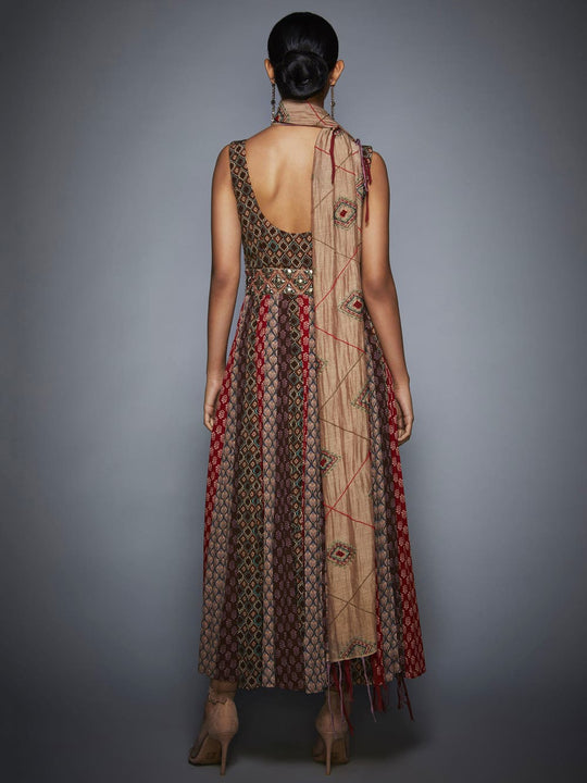 RI-Ritu-Kumar-Brown-Beige-Embroidered-Dress-With-Sash-Back