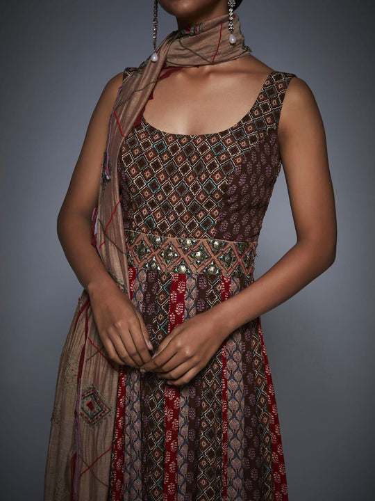 RI-Ritu-Kumar-Brown-Beige-Embroidered-Dress-With-Sash-CloseUp