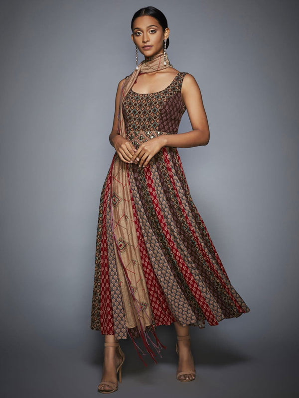 RI Ritu Kumar Brown & Beige Embroidered Dress With Sash