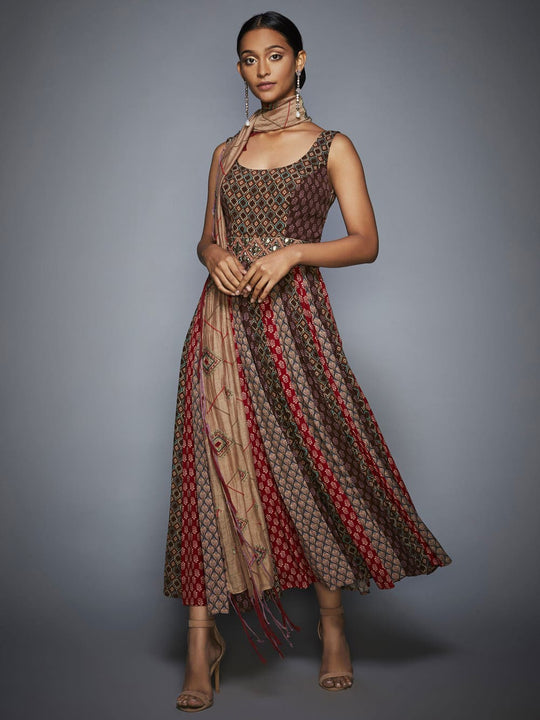 RI-Ritu-Kumar-Brown-Beige-Embroidered-Dress-With-Sash-Complete-View